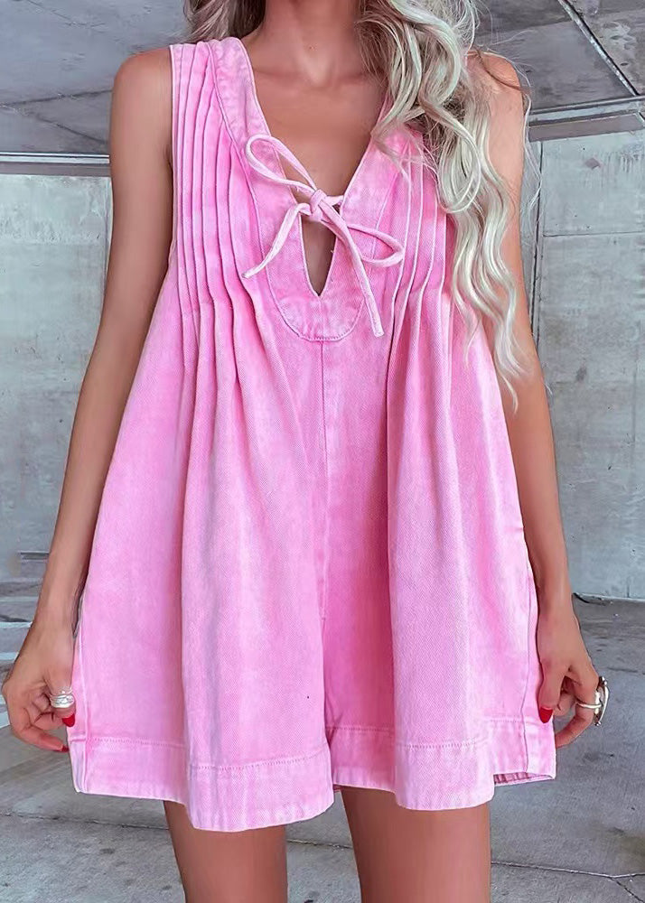 Pink Wrinkled Denim Shorts Jumpsuit Lace Up Summer