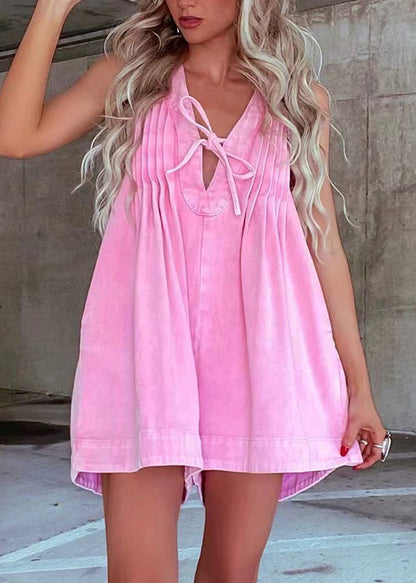 Pink Wrinkled Denim Shorts Jumpsuit Lace Up Summer