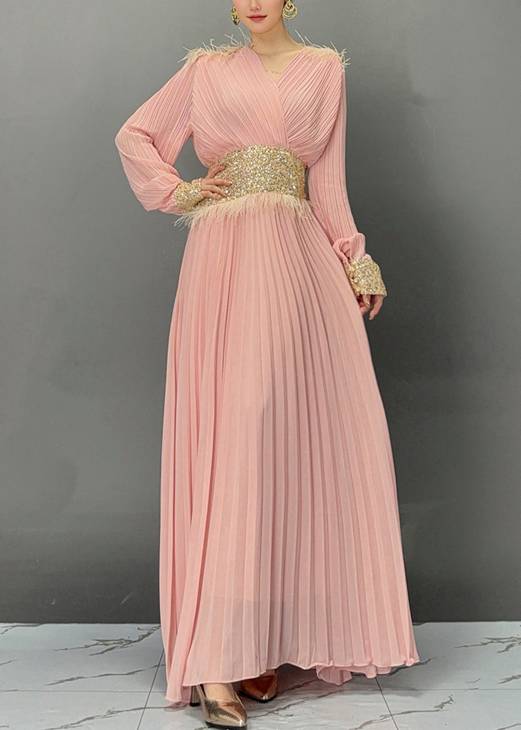 Pink Wrinkled Tunic Solid Holiday Maxi Dress Fall