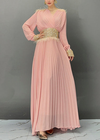 Pink Wrinkled Tunic Solid Holiday Maxi Dress Fall