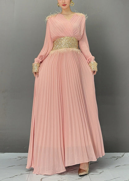 Pink Wrinkled Tunic Solid Holiday Maxi Dress Fall