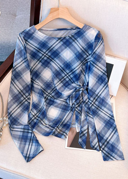 Plaid Blue Lace Up Side Open Tulle Shirts
