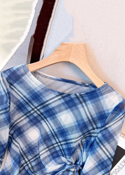 Plaid Blue Lace Up Side Open Tulle Shirts