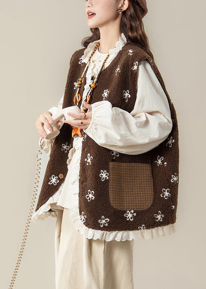 Karomuster, Kaffee, Spitze, Patchwork, beidseitig tragbar, Teddy-Kunstpelzweste, ärmellos