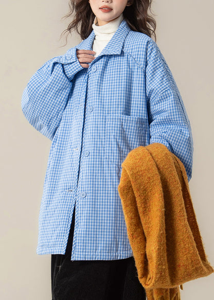 Karierte hellblaue Hemden mit Knopftaschen, Baumwollfüllung, Parkas, Frühling