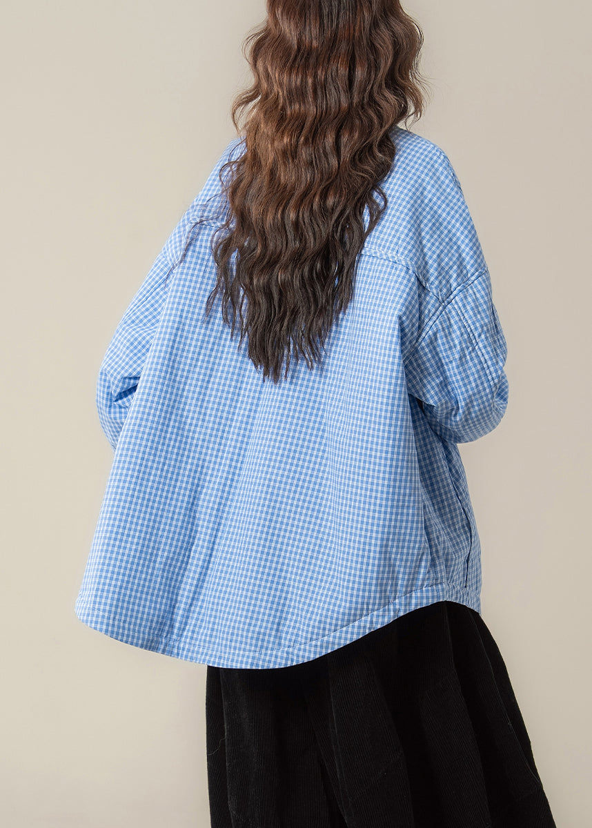 Karierte hellblaue Hemden mit Knopftaschen, Baumwollfüllung, Parkas, Frühling