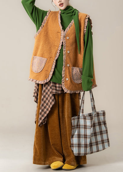 Zweiteiliges Set aus karierter, orangefarbener Teddyweste und Hose mit Rüschen an beiden Seiten – Frühling