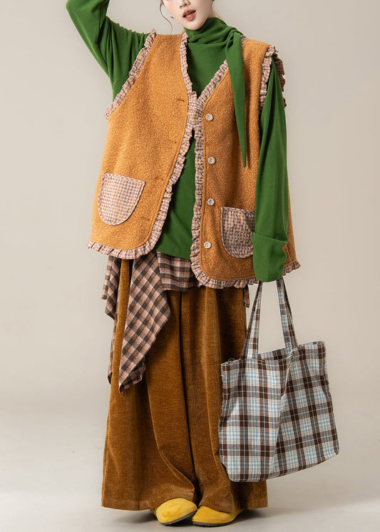 Zweiteiliges Set aus karierter, orangefarbener Teddyweste und Hose mit Rüschen an beiden Seiten – Frühling