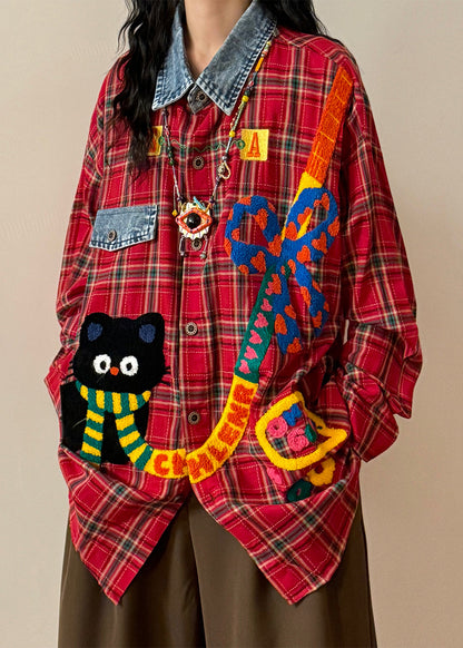 Plaid Red Peter Pan Collar Button Denim Patchwork Shirt Spring