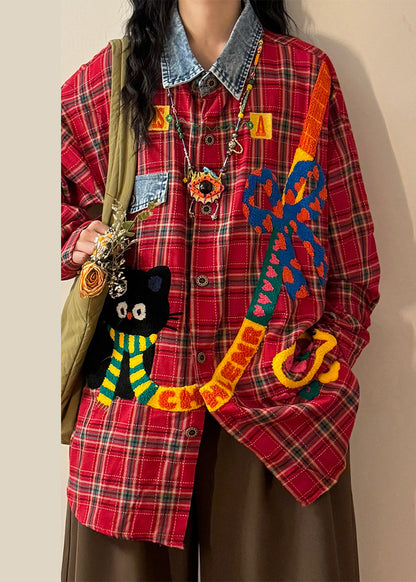 Plaid Red Peter Pan Collar Button Denim Patchwork Shirt Spring