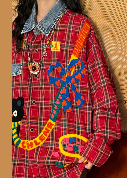 Plaid Red Peter Pan Collar Button Denim Patchwork Shirt Spring