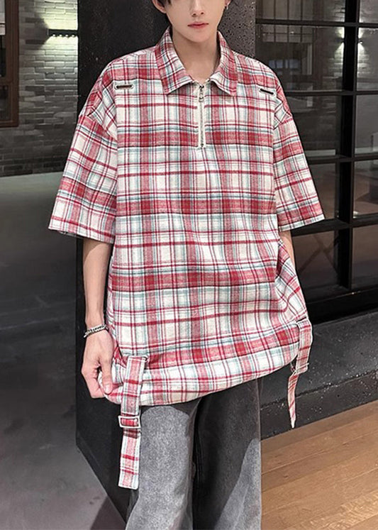 Plaid Red Zip Up Oversized Cotton Men's Shirts Half Sleeve