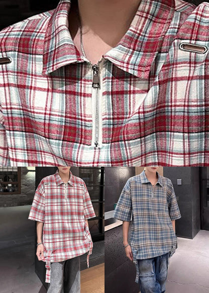 Plaid Red Zip Up Oversized Cotton Men's Shirts Half Sleeve