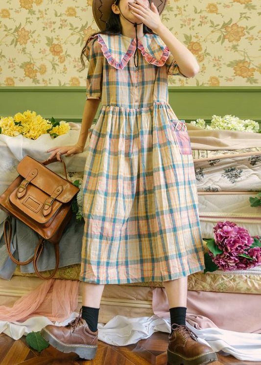 Plaid Ruffled Button Puff Sleeve Summer Cotton Dresses - SooLinen