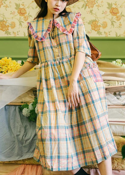 Plaid Ruffled Button Puff Sleeve Summer Cotton Dresses - SooLinen