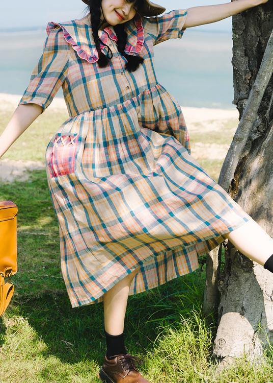 Plaid Ruffled Button Puff Sleeve Summer Cotton Dresses - SooLinen