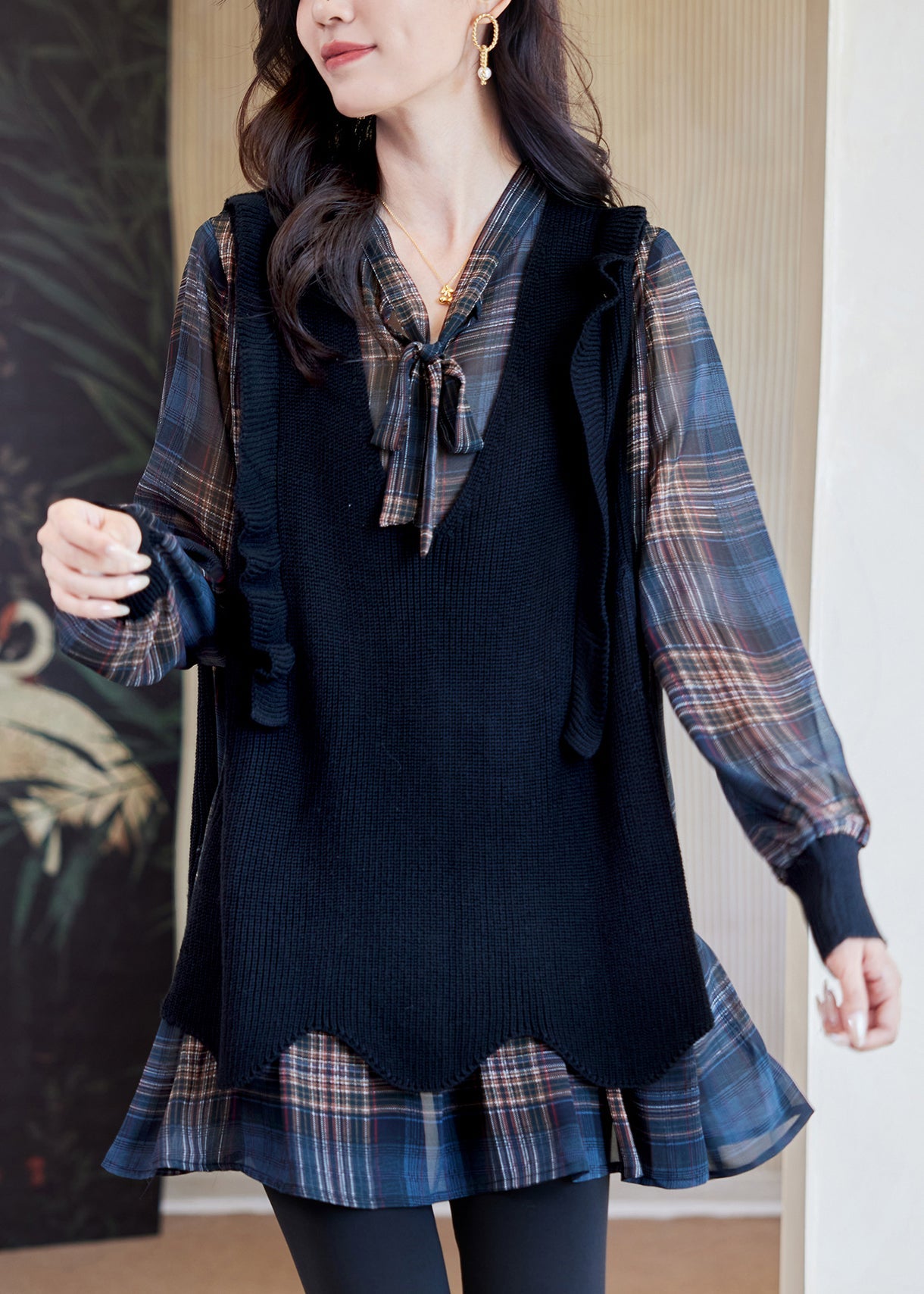 Plaid V Neck Lace Up Knit Patchwork Blouses Fall