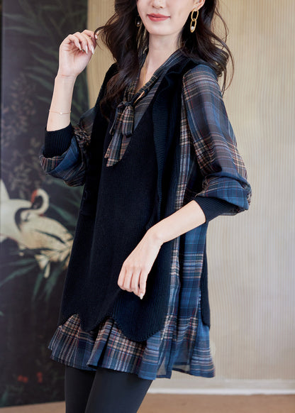 Plaid V Neck Lace Up Knit Patchwork Blouses Fall