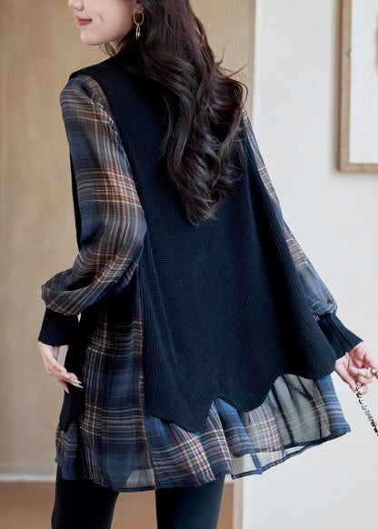 Plaid V Neck Lace Up Knit Patchwork Blouses Fall