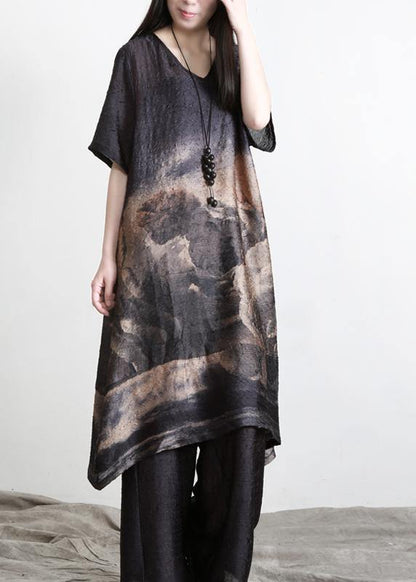 Pleated Silk Suit Women Medium Length Shirt + Wide Leg Pants Summer - SooLinen