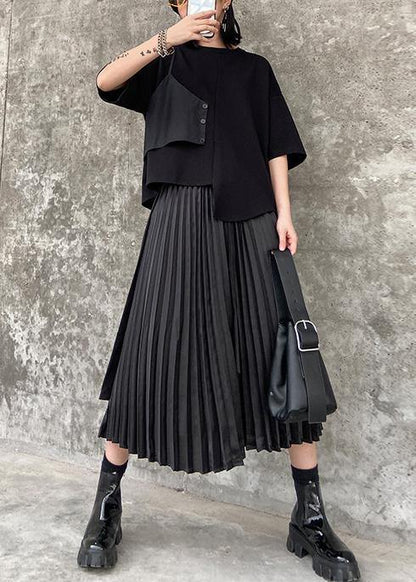 Pleated skirt high waist a-line fashion black stitching elastic waist skirt female summer - SooLinen
