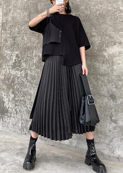 Pleated skirt high waist a-line fashion black stitching elastic waist skirt female summer - SooLinen