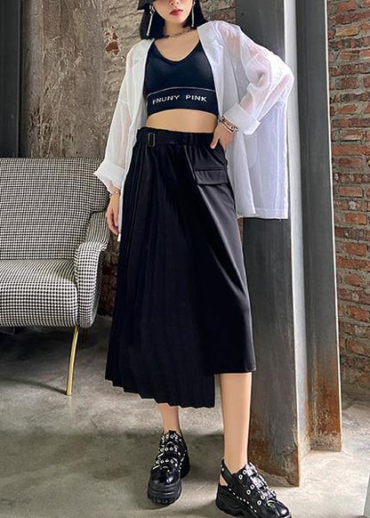Pleated skirt high waist a-line fashion black stitching elastic waist skirt female summer - SooLinen