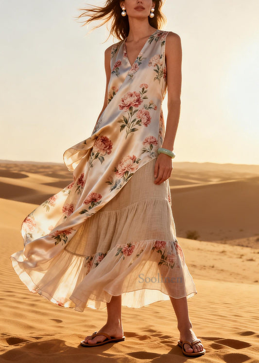 Plus Size Apricot Asymmetrical Patchwork Print Silk Long Dress Summer