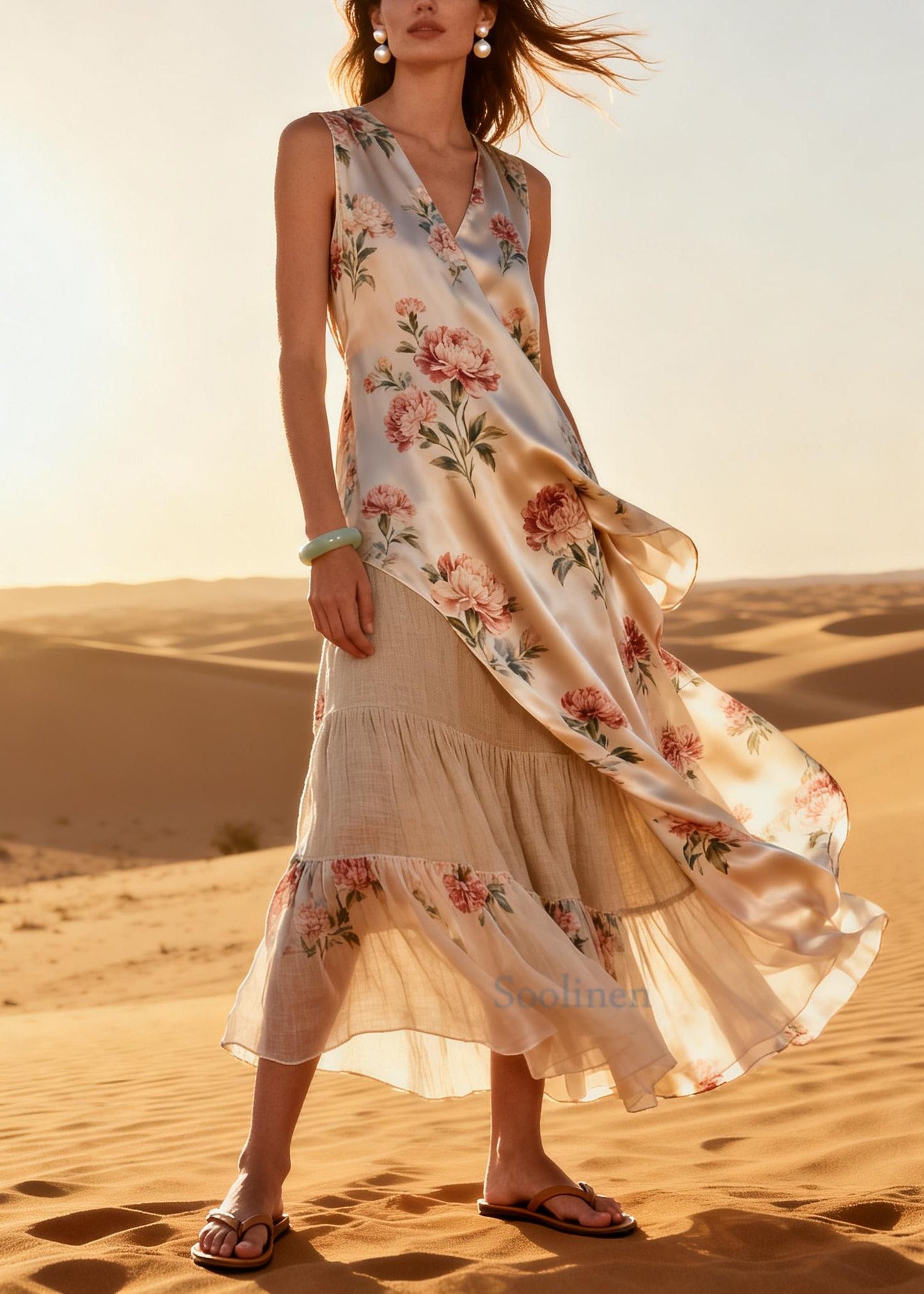 Plus Size Apricot Asymmetrical Patchwork Print Silk Long Dress Summer