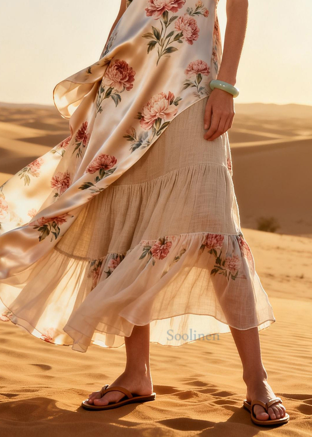 Plus Size Apricot Asymmetrical Patchwork Print Silk Long Dress Summer