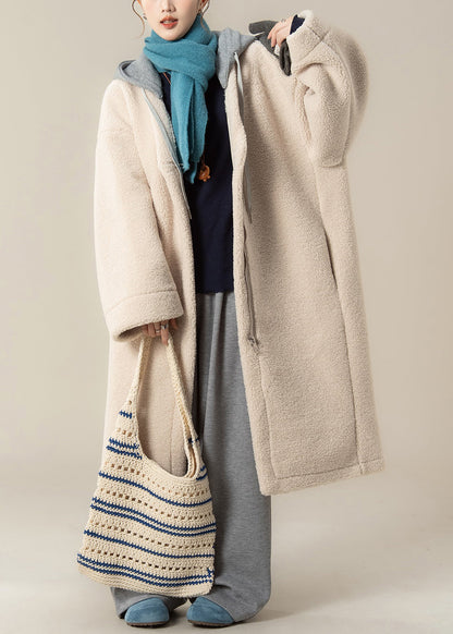 Wintermantel in Übergröße, aprikosenfarben, mit Kapuze, Reißverschluss und Patchwork-Design, Teddyfell-Kunstpelz