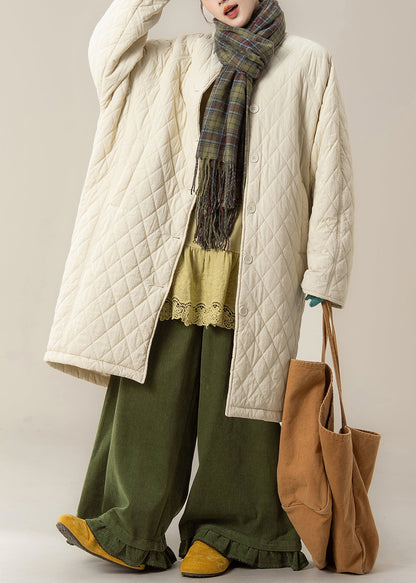 Parka de invierno de algodón con bolsillos a cuadros y cuello redondo en color albaricoque de talla grande