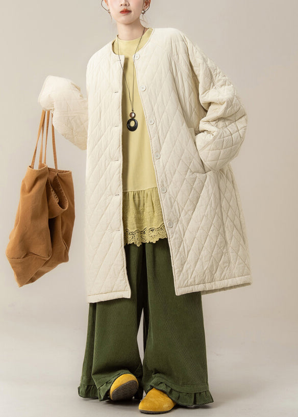 Parka de invierno de algodón con bolsillos a cuadros y cuello redondo en color albaricoque de talla grande