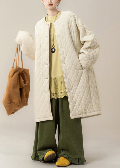 Parka de invierno de algodón con bolsillos a cuadros y cuello redondo en color albaricoque de talla grande