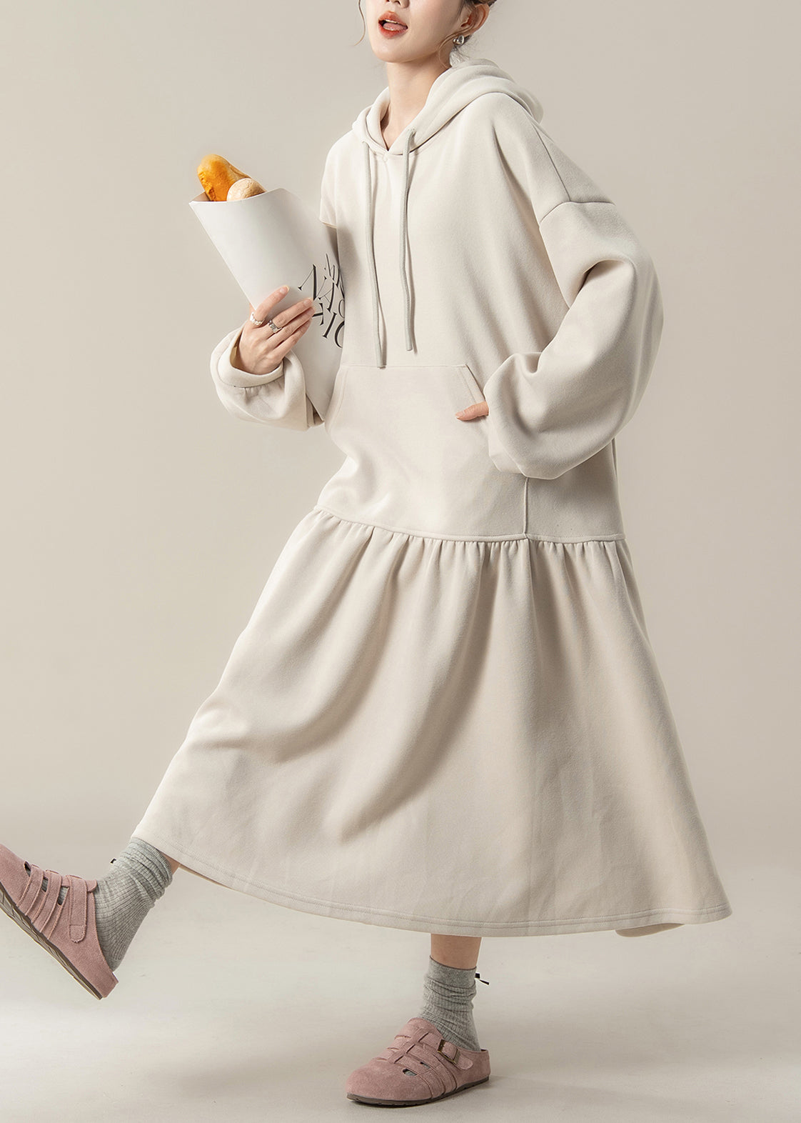 Plus Size Apricot Patchwork Baumwoll-Kapuzenkleider Frühling