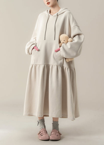 Plus Size Apricot Patchwork Baumwoll-Kapuzenkleider Frühling