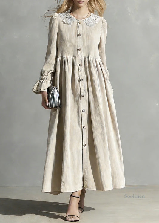 Plus Size Apricot Peter Pan Collar Button Corduroy Blouses Dresses Spring