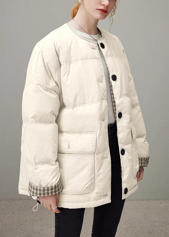 Plus Size Apricot Plaid Drawstring Pockets Duck Down Down Coat