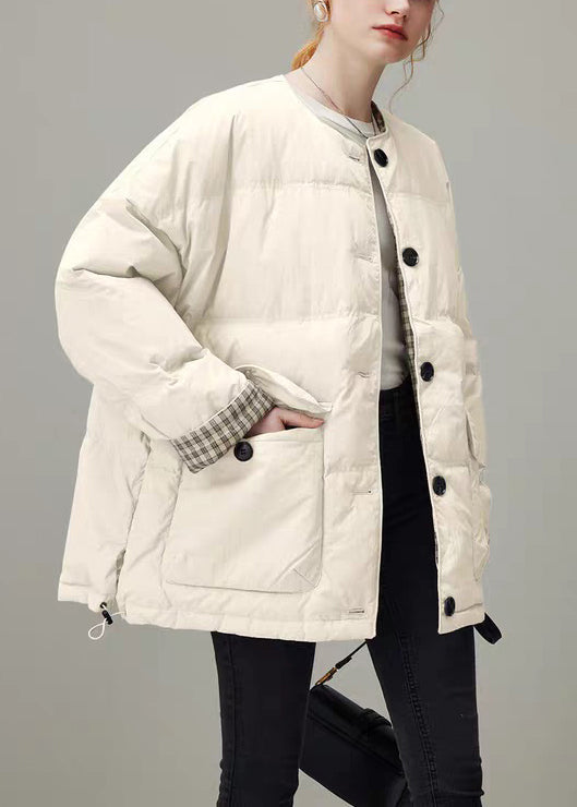 Plus Size Apricot Plaid Drawstring Pockets Duck Down Down Coat