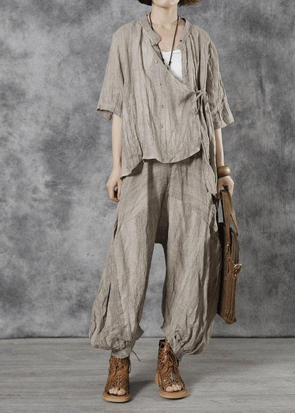 Plus Size Apricot Pockets Patchwork Fall Pants - SooLinen