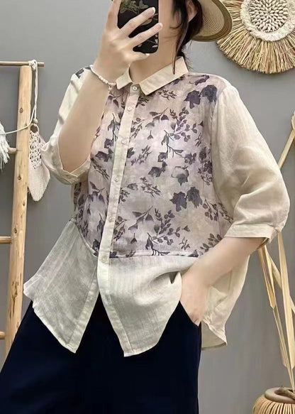 Plus Size Apricot Print Patchwork Linen Blouse Top Summer