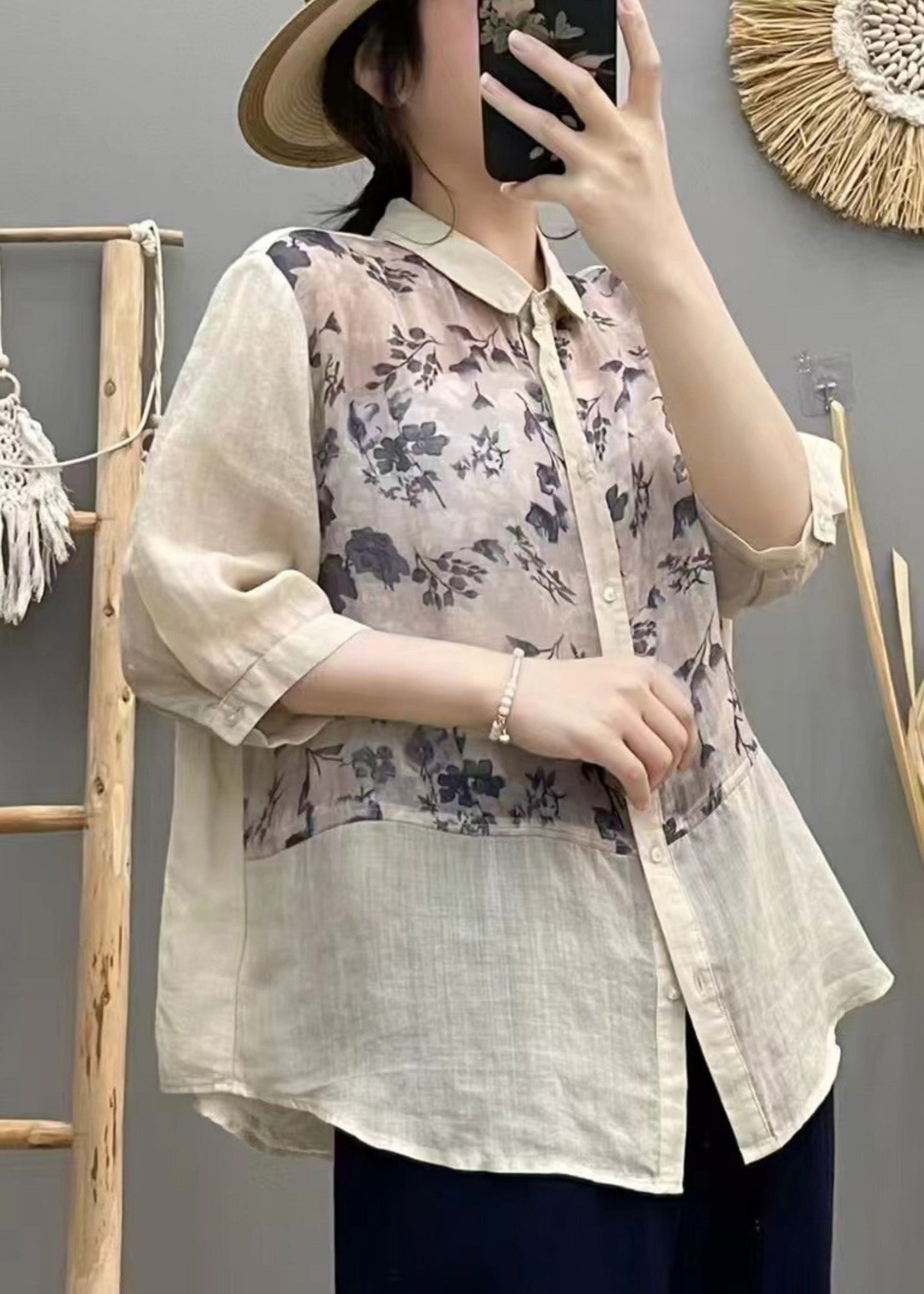 Plus Size Apricot Print Patchwork Linen Blouse Top Summer