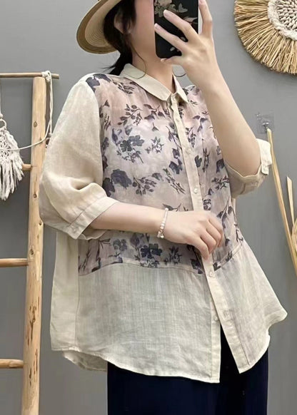 Plus Size Apricot Print Patchwork Linen Blouse Top Summer