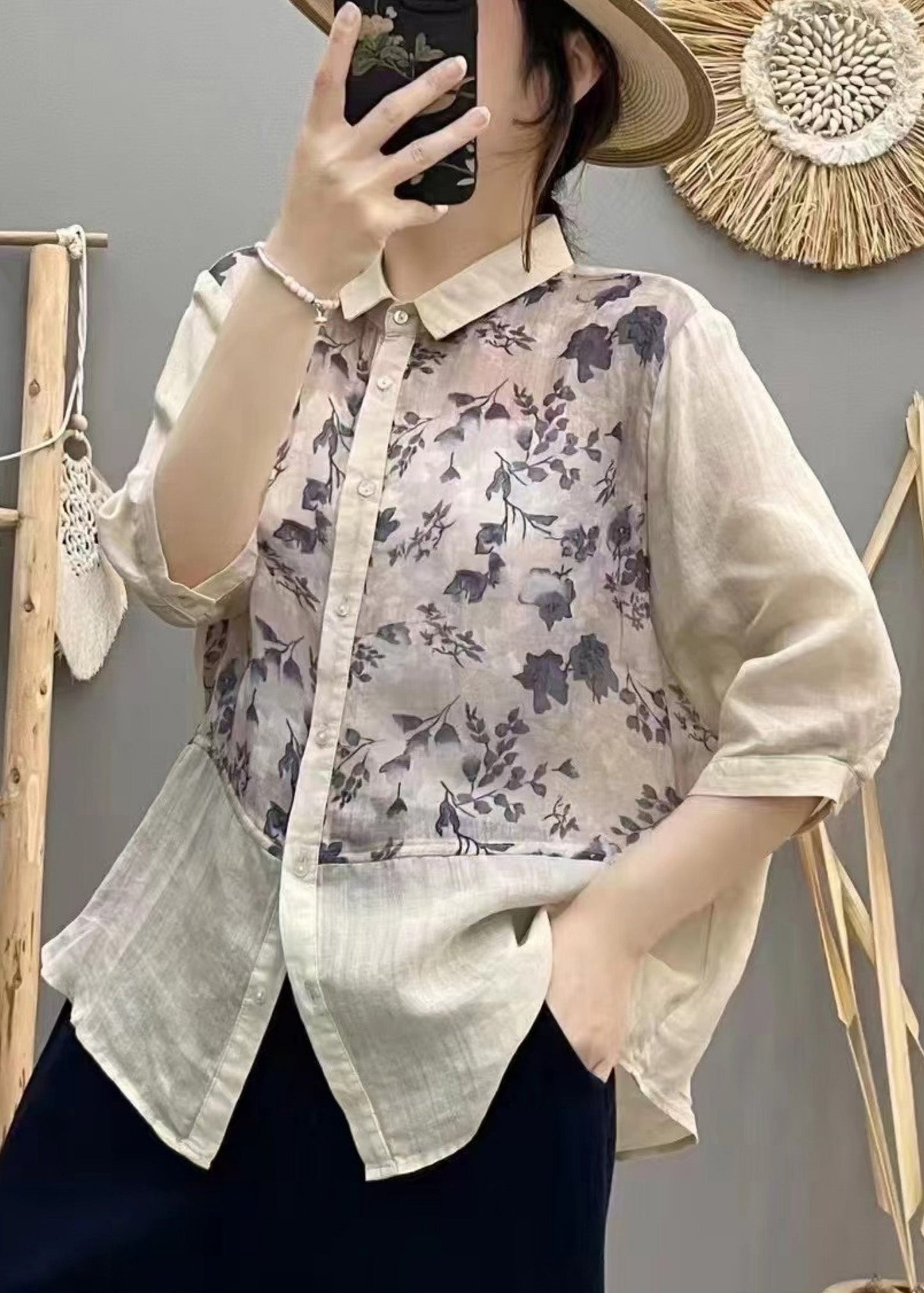 Plus Size Apricot Print Patchwork Linen Blouse Top Summer