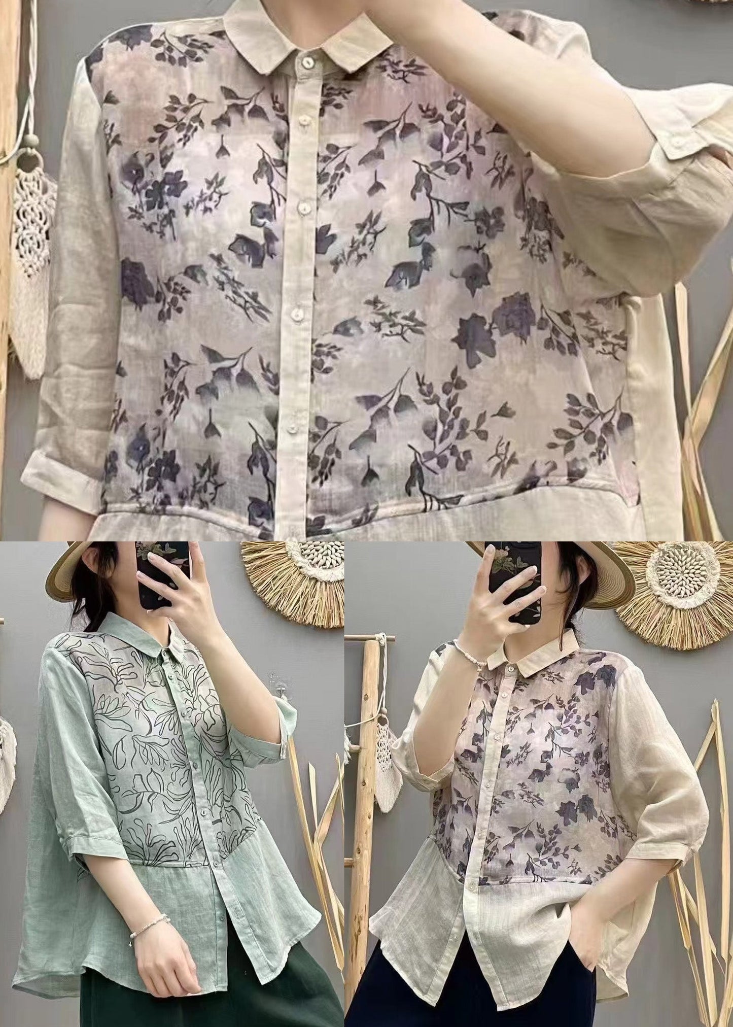Plus Size Apricot Print Patchwork Linen Blouse Top Summer