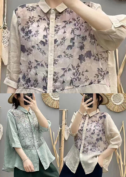Plus Size Apricot Print Patchwork Linen Blouse Top Summer