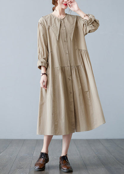 Plus Size Apricot Matrosenkragen Knopf Falten Langes Kleid Langarm