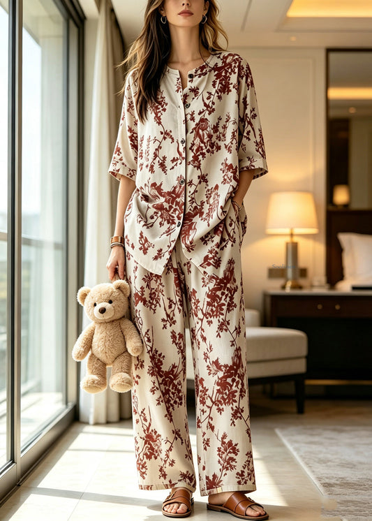 Plus Size Apricot Stand Collar Pajamas Two Pieces Set Summer