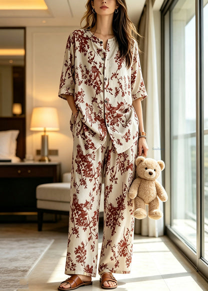 Plus Size Apricot Stand Collar Pajamas Two Pieces Set Summer