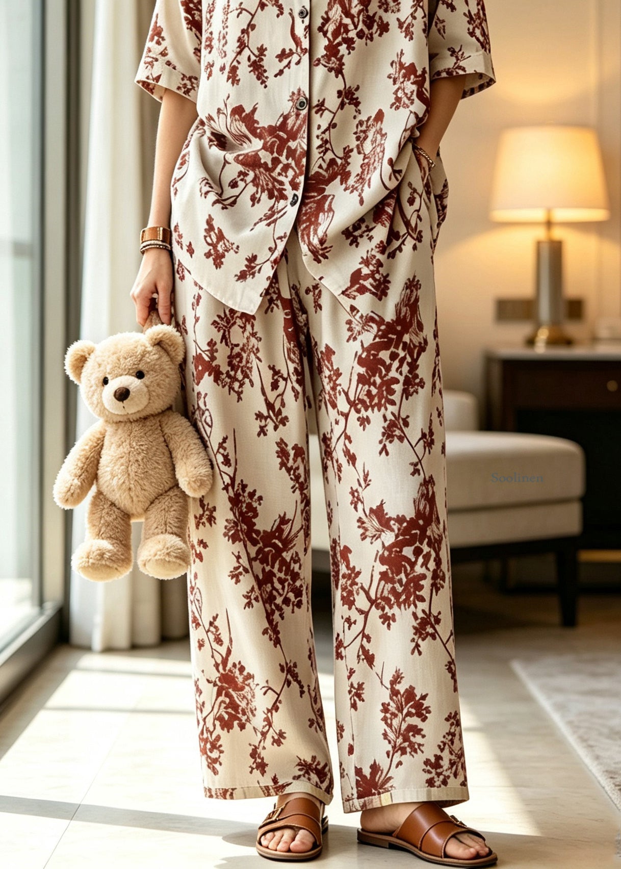 Plus Size Apricot Stand Collar Pajamas Two Pieces Set Summer